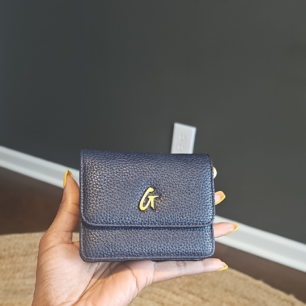 GT Embossed Navy Leather Small Wallet with Gold Accent
